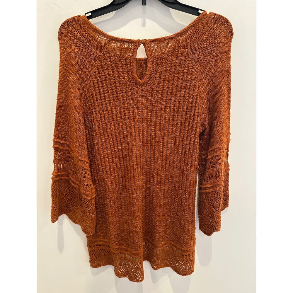 LC Lauren Conrad Rust Orange Open Knit Crochet Bell Sleeve Sweater Womens Medium